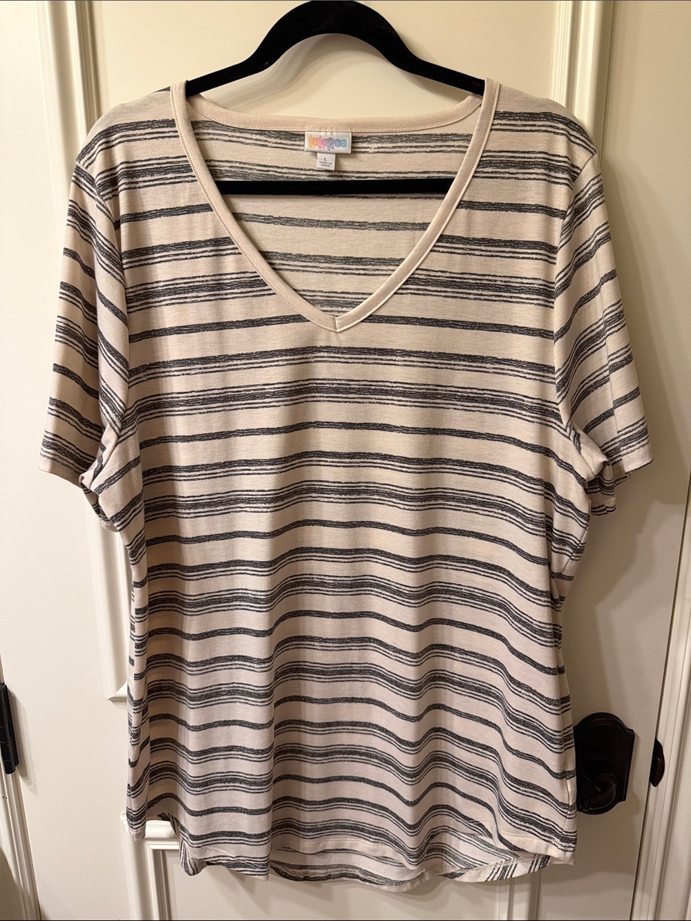 LuLaRoe Beige and Gray Striped V-Neck Christy Tee